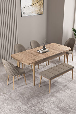 Milas Atlantik Çam 80x132 Açılabilir Mdf Masa Yemek Odası Takımı, Mutfak Takımı 4 Sandalye, 1 Bench