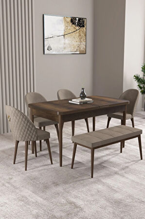 Milas Barok Desen 80x132 MDF Açılabilir Mutfak Masası Takımı 4 Sandalye, 1 Bench