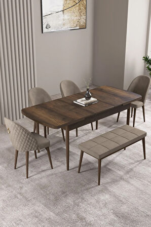 Milas Barok Desen 80x132 MDF Açılabilir Mutfak Masası Takımı 4 Sandalye, 1 Bench