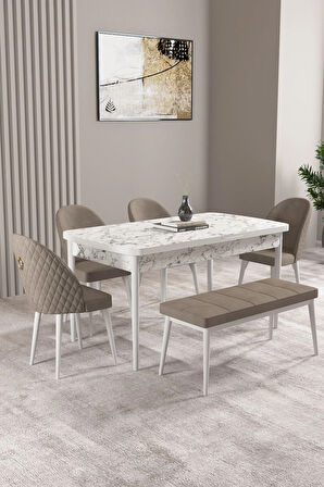 Milas Beyaz Mermer Desen 80x132 MDF Açılabilir Mutfak Masası Takımı 4 Sandalye, 1 Bench