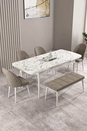 Milas Beyaz Mermer Desen 80x132 MDF Açılabilir Mutfak Masası Takımı 4 Sandalye, 1 Bench