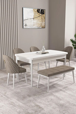 Milas Beyaz 80x132 MDF Açılabilir Mutfak Masası Takımı 4 Sandalye, 1 Bench