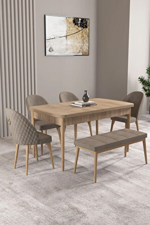 Milas Meşe Desen 80x132 MDF Açılabilir Mutfak Masası Takımı 4 Sandalye, 1 Bench