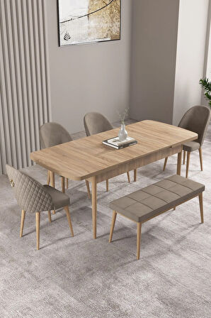 Milas Meşe Desen 80x132 MDF Açılabilir Mutfak Masası Takımı 4 Sandalye, 1 Bench