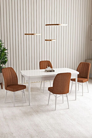 Milas Beyaz Mermer Desen 80x132 MDF Açılabilir Yemek Masası Takımı 4 Sandalye, 1 Bench