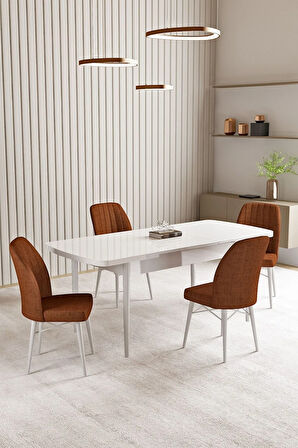 Milas Beyaz Mermer Desen 80x132 MDF Açılabilir Yemek Masası Takımı 4 Sandalye, 1 Bench