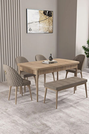 Milas Meşe Desen 80x132 MDF Açılabilir Yemek Masası Takımı 4 Sandalye, 1 Bench