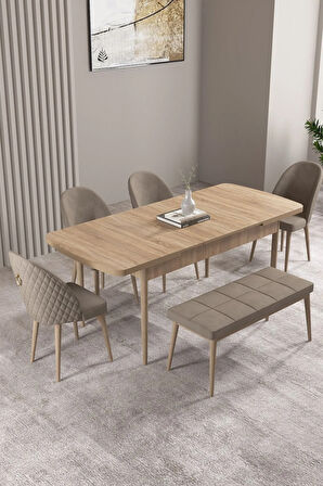 Milas Meşe Desen 80x132 MDF Açılabilir Yemek Masası Takımı 4 Sandalye, 1 Bench