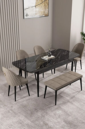 Milas Siyah Mermer Desen 80x132 MDF Açılabilir Yemek Masası Takımı 4 Sandalye, 1 Bench