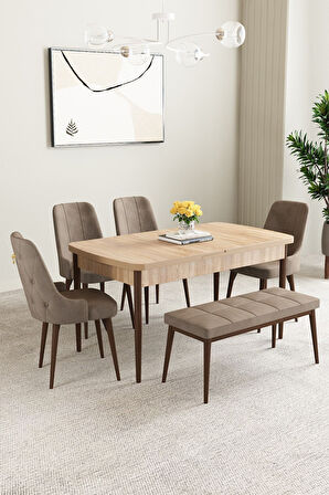 Clara Meşe Desen 80x132 Açılabilir Mdf Masa Yemek Odası Takımı,Mutfak Takımı 4 Sandalye 1 Bench