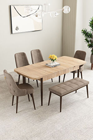 Clara Meşe Desen 80x132 Açılabilir Mdf Masa Yemek Odası Takımı,Mutfak Takımı 4 Sandalye 1 Bench