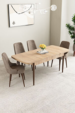 Clara Meşe Desen 80x132 Açılabilir Mdf Masa Yemek Odası Takımı,Mutfak Takımı 4 Adet Sandalye