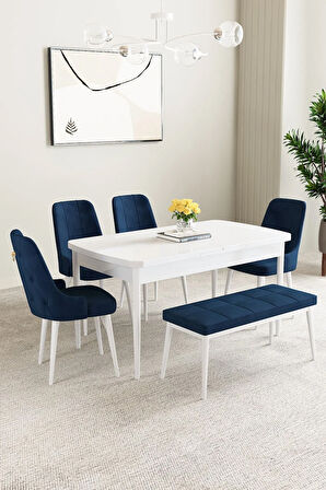 Arya Beyaz Mermer Desen 80x132 MDF Açılabilir Mutfak Masası Takımı 4  Sandalye