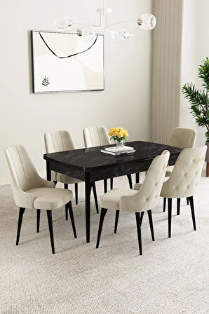 Arya Siyah Mermer Desen 80x132 MDF Açılabilir Mutfak Masası Takımı 4  Sandalye