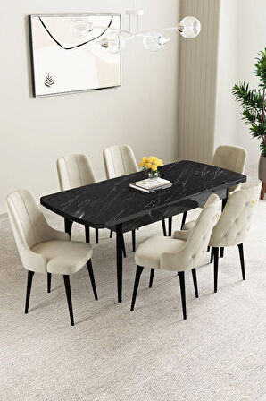 Arya Siyah Mermer Desen 80x132 MDF Açılabilir Mutfak Masası Takımı 4  Sandalye