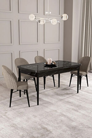 Arya Siyah Mermer Desen 80x132 MDF Açılabilir Yemek Masası Takımı 4  Sandalye