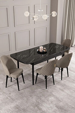 Arya Siyah Mermer Desen 80x132 MDF Açılabilir Yemek Masası Takımı 4  Sandalye