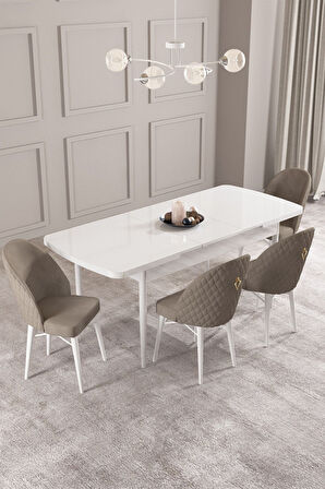 Calvin Beyaz 80x132 Açılabilir Mdf Masa Yemek Odası Takımı, Mutfak Takımı 4 Adet Sandalye
