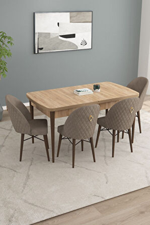 Calvin Meşe Desen 80x132 Açılabilir Mdf Masa Yemek Odası Takımı, Mutfak Takımı 4 Adet Sandalye