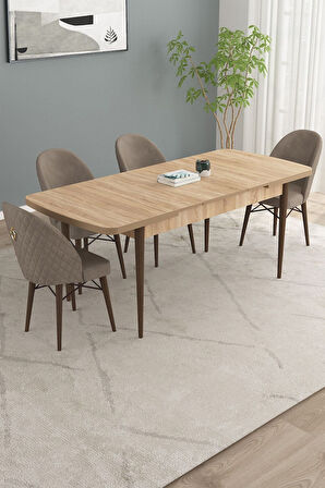 Calvin Meşe Desen 80x132 Açılabilir Mdf Masa Yemek Odası Takımı, Mutfak Takımı 4 Adet Sandalye