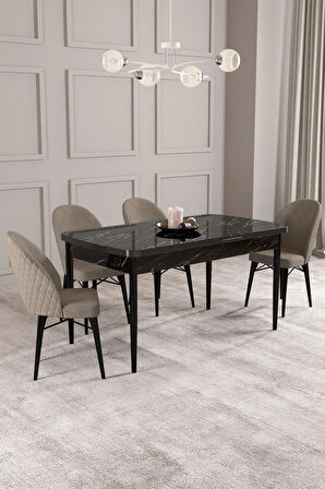 Calvin Siyah Mermer Desen 80x132 MDF Açılabilir Mutfak Masası Takımı 4  Sandalye