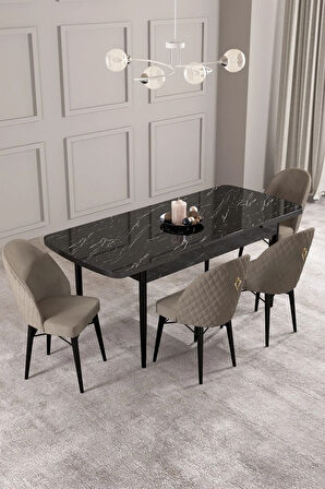 Calvin Siyah Mermer Desen 80x132 MDF Açılabilir Mutfak Masası Takımı 4  Sandalye