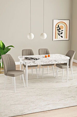 Elis Beyaz Mermer Desen 80x132 Açılabilir Yemek Odası Takımı 4  Sandalye