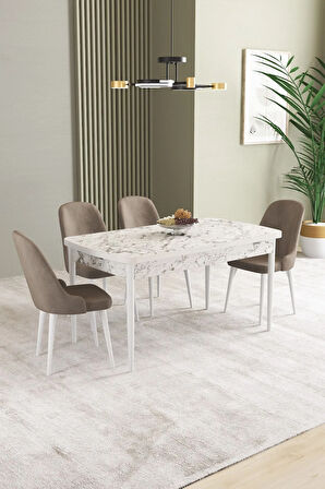 Ikon Beyaz Mermer Desen 80x132 MDF Açılabilir Mutfak Masası Takımı 4  Sandalye