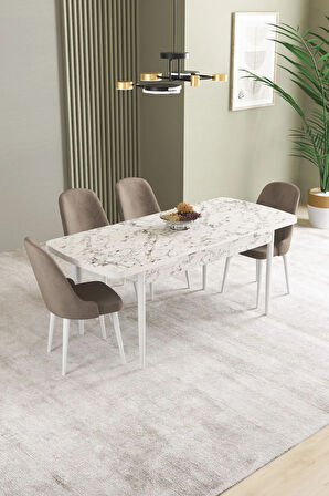 Ikon Beyaz Mermer Desen 80x132 MDF Açılabilir Mutfak Masası Takımı 4  Sandalye