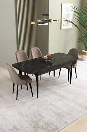 Ikon Siyah Mermer Desen 80x132 MDF Açılabilir Yemek Masası Takımı 4  Sandalye