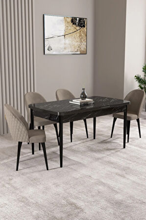 Lima Siyah Mermer Desen 80x132 MDF Açılabilir Mutfak Masası Takımı 4  Sandalye
