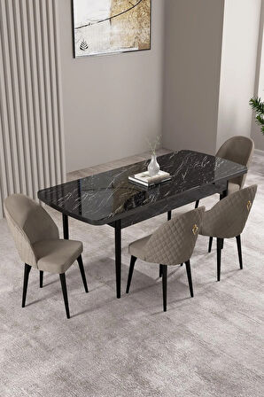 Lima Siyah Mermer Desen 80x132 MDF Açılabilir Mutfak Masası Takımı 4  Sandalye