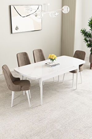 Mabel Beyaz 80x132 Açılabilir Mdf Masa Yemek Odası Takımı, Mutfak Takımı 4 Adet Sandalye