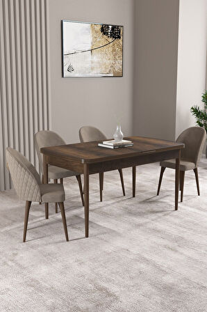 ​​​​​​​Milas Barok Desen 80x132 Açılabilir Mdf Masa Yemek Odası Takımı, Mutfak Takımı 4 Adet Sandaly