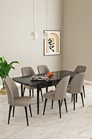 Milas Beyaz Mermer Desen 80x132 MDF Açılabilir Mutfak Masası Takımı 4  Sandalye