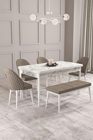Milas Beyaz Mermer Desen 80x132 MDF Açılabilir Yemek Masası Takımı 4  Sandalye