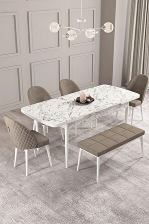 Milas Beyaz Mermer Desen 80x132 MDF Açılabilir Yemek Masası Takımı 4  Sandalye