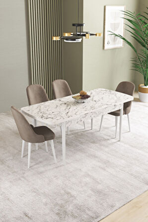 Ikon Beyaz Mermer 80x132 Açılabilir Mdf Masa Yemek Odası Takımı, Mutfak Takımı 4 Adet Sandalye