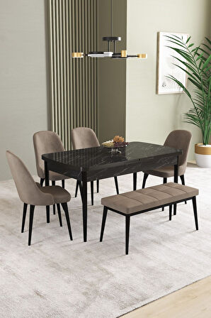 Ikon Siyah Mermer 80x132 Açılabilir Mdf Masa Yemek Odası Takımı, Mutfak Takımı 4 Sandalye, 1 Bench