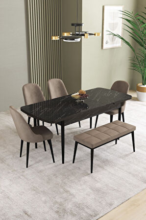 Ikon Siyah Mermer 80x132 Açılabilir Mdf Masa Yemek Odası Takımı, Mutfak Takımı 4 Sandalye, 1 Bench