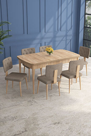 Lars Meşe 80x132 Açılabilir Mdf Masa Yemek Odası Takımı,Mutfak Takımı 6 Adet Sandalye