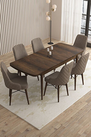 Mazaka Barok Desen 80x132 Açılabilir Mdf Masa Yemek Odası Takımı, Mutfak Takımı 6 Adet Sandalye