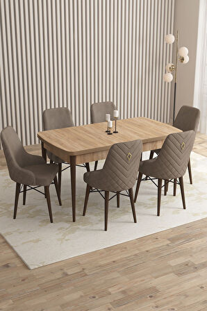 Mazaka Meşe Desen 80x132 Açılabilir Mdf Masa Yemek Odası Takımı, Mutfak Takımı 6 Adet Sandalye 