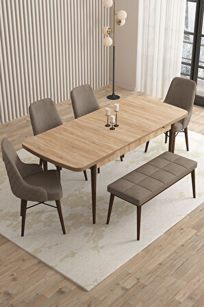 Mazaka Meşe Desen 80x132 Açılabilir Mdf Masa Yemek Odası Takımı, Mutfak Takımı 4 Sandalye 1 Bench
