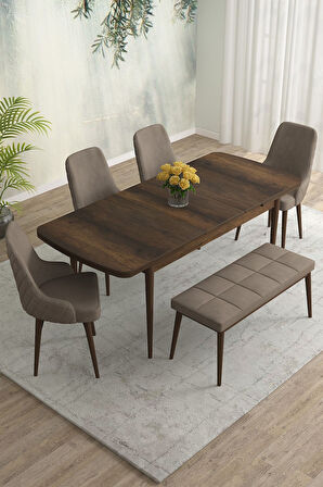 Meri Serisi Barok 80x132 Açılabilir Mdf Masa Yemek Odası Takımı, Mutfak Takımı 4 Sandalye 1 Bench