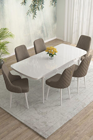 Meri Serisi Beyaz 80x132 Açılabilir Mdf Masa Yemek Odası Takımı, Mutfak Masa Takımı 6 Adet Sandalye