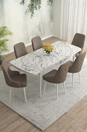 Meri Beyaz Mermer 80x132 Açılabilir Mdf Masa Yemek Odası Takımı,Mutfak Takımı 6 Adet Sandalye