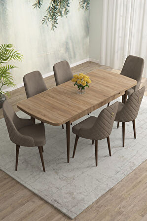 Meri Serisi Meşe Desen 80x132 Açılabilir Mdf Masa Yemek Odası Takımı, Mutfak Takımı 6 Adet Sandalye