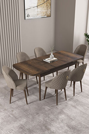 ​​​​​​​Milas Barok Desen 80x132 Açılabilir Mdf Masa Yemek Odası Takımı, Mutfak Takımı 6 Sandalye