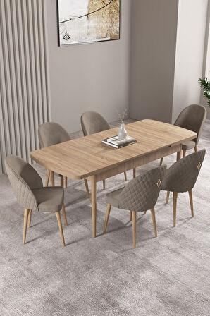 Milas Meşe Desen 80x132 Açılabilir Mdf Masa Yemek Odası Takımı, Mutfak Takımı 6 Adet Sandalye